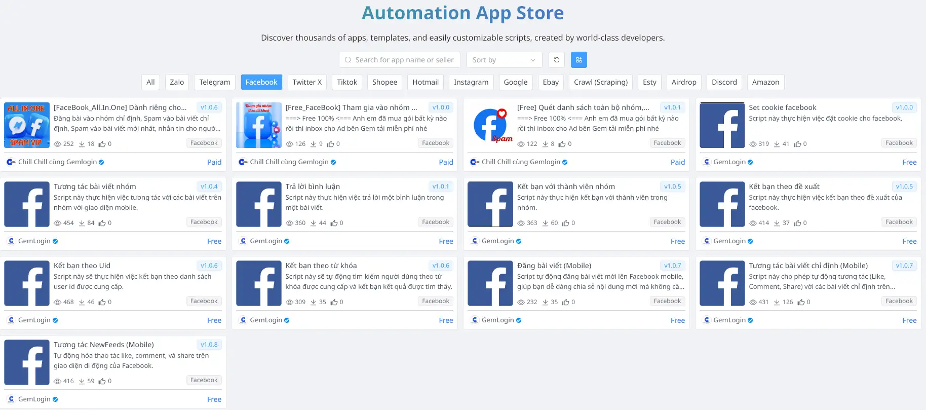 Phần mềm tự động nuôi và tương tác tài khoản FB số lượng lớn trên store Gemlogin